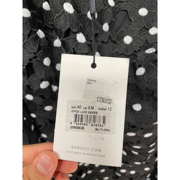 Bardot One Shoulder Lace Long Puff Sleeve Black and White Mini Dress Sz 12 - Picture 5 of 7